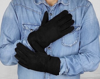 Handmade Black Suede Sheepskin Gloves, Unisex Winter Gloves
