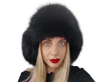 Fur hat Black fox fur hat for women Trapper hat with earflaps leather  strings Winter hat aviator ladies Handmade ushanka
