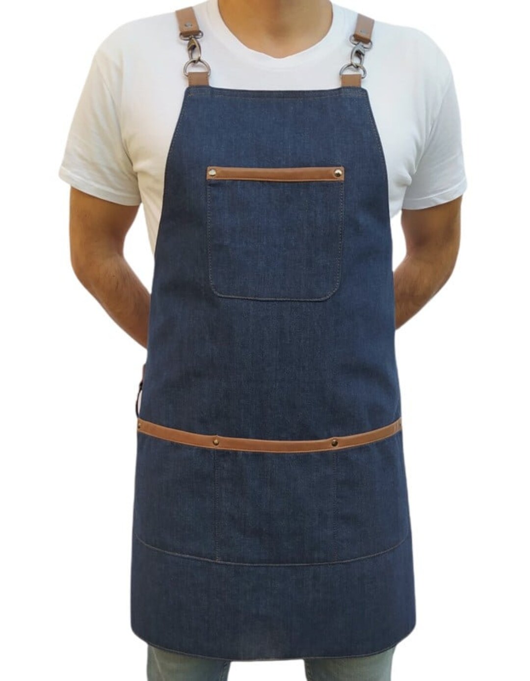 Denim Apron. Blue Jean Denim Apron & Leather Straps. Cotton Lining