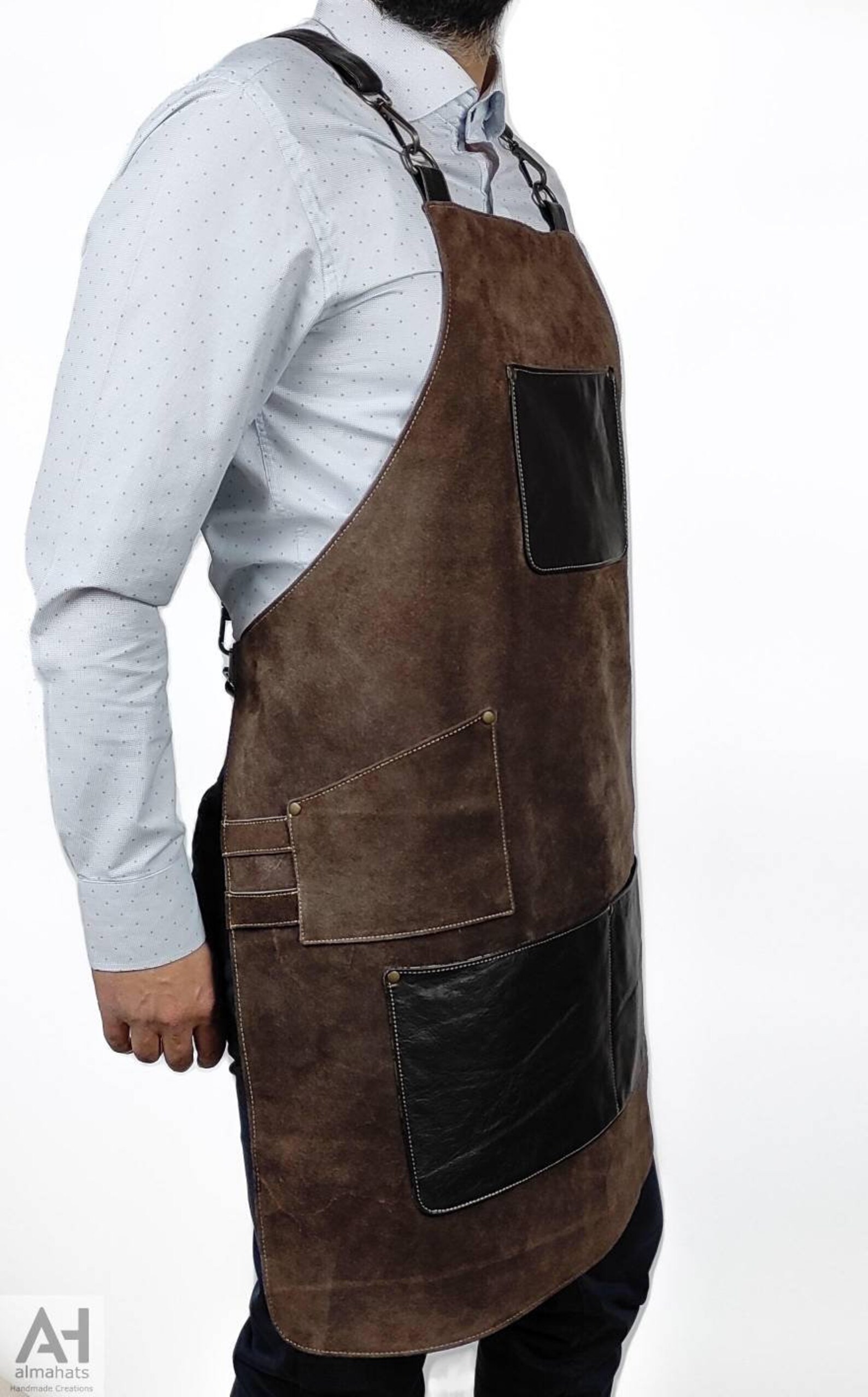 Suede Cowhide Leather Apron With Leather Pockets & Crossed Etsy