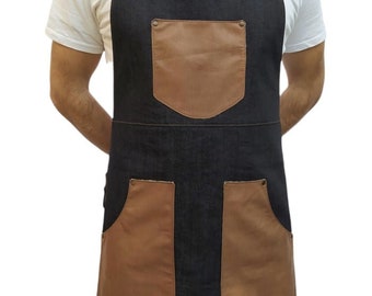 Denim apron. Dark Blue Jean Indigo Denim Apron With Leather Pockets & Leather Straps , perfect fit , practical handmade apron