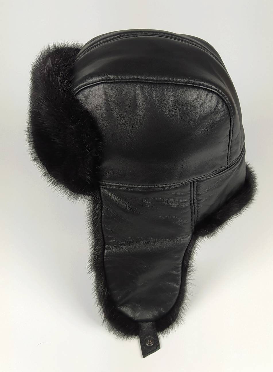 Black Mink Fur Trapper Hat, Leather Aviator Hat With  display picture 2