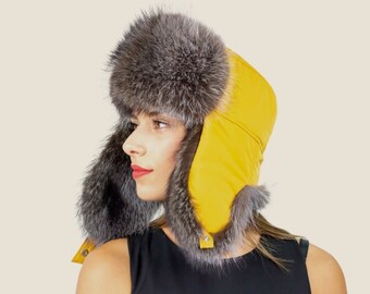 Gele satijnen trapper hoed, bontmuts voor mannen & vrouwen, wintermuts met oorflappen. Bontmuts om te verbazen, geweldige pasvorm, cadeau-idee