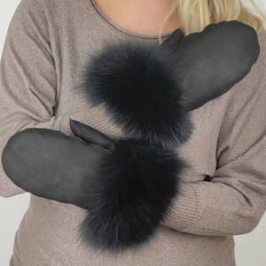 Black Napa Sheepskin & Black Fox Fur Mittens . Winter gloves . Mittens , gloves