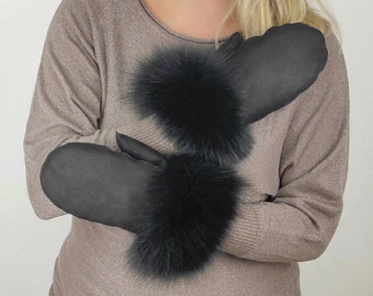 Black Napa Sheepskin & Black Fox Fur Mittens . Winter gloves . Mittens , gloves