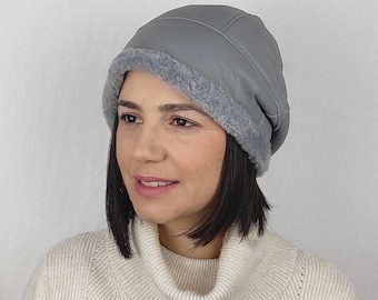 Ręcznie robiona czapka beanie z szarej owczej skóry, unisexowa zimowa czapka z jagnięcej skóry
