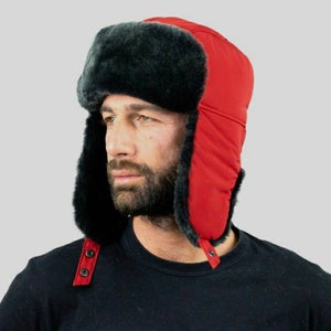 Merinos sheepskin hat in red color . Trapper style hat in a unique combination of materials . Fancy hat. Unisex hat . Great gift idea