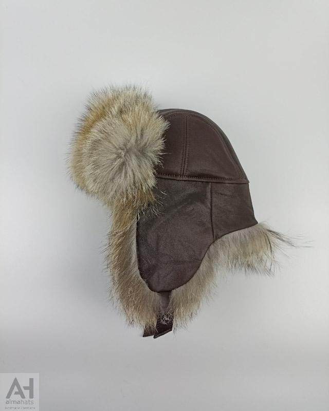 Handmade Coyote Fur Trapper Hat, Sheepskin Ushanka, Winter  display picture 3