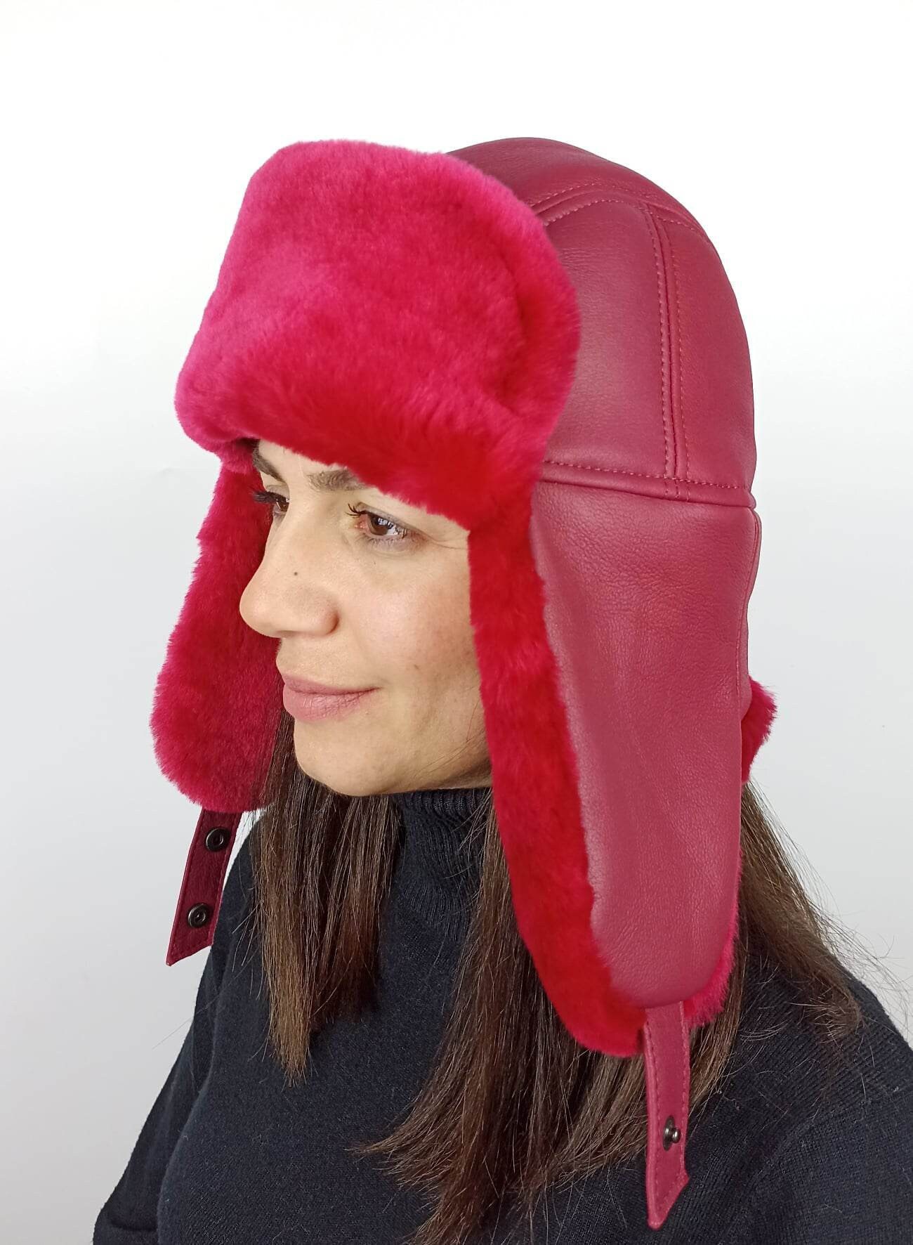 Fuxia Sheepskin Aviator Hat & Mittens Set, Women