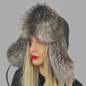 Fur hat  Silver fox aviator hat . Fur trapper hat for women . Arzande trapper hat with earflaps & leather strings. Fur hat
