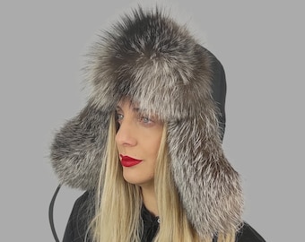 Fur hat  Silver fox aviator hat . Fur trapper hat for women . Arzande trapper hat with earflaps & leather strings. Fur hat