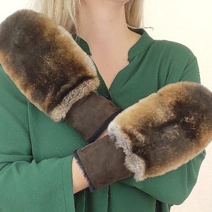 Brown Suede Sheepskin & Brown Rex-Rabbit Fur Mittens , gifts for her , natural genuine fur mittens to impress