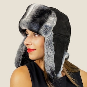 Pelzmütze. Rex Trapper Pelzmütze für Damen. Fliegermütze mit Ohrenklappen & Lederbändern zum hoch binden