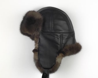 An extraordinary fur trapper hat, Sable Fur hat for Women. A combination of soft black leather & sable. Unique design , great gift idea