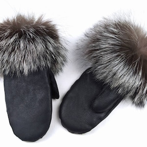 Black Napa Sheepskin & Silver Fox Mittens , fur mittens , winter gloves for women , winter gloves , mittens