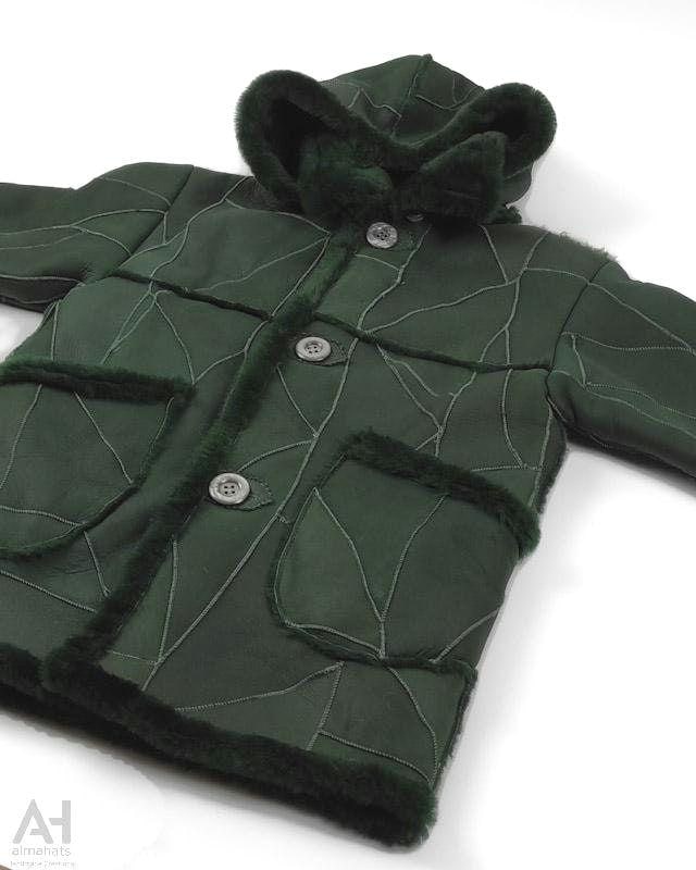 Unisex dark green Sheepskin Jacket, lambskin winter coat for boys & girls. An everyday coat to accompany your child in outdoor activities