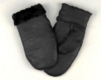 Handmade Black Napa Sheepskin Mittens, Unisex Winter Gloves