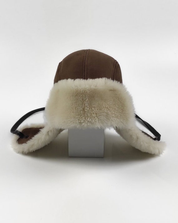 Brown Suede Sheepskin Aviator Hat, Trapper Hat With Earflaps 