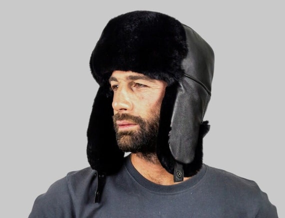 Black Rex Trapper Hat Mens Fur Hat . A 