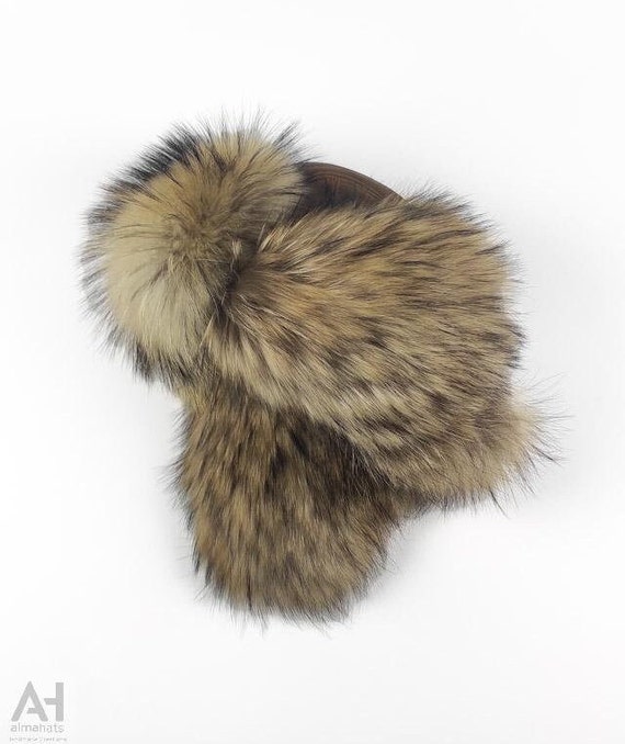 Finnish Raccoon Fur and Suede Trooper Hat Warm Vintage Raccoon Fur Unisex Trooper Hat by Vittorio- in  main image 4