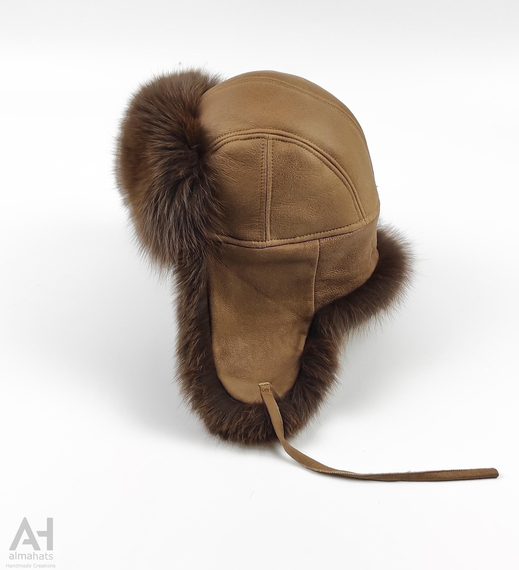 Handmade Brown Fox Fur Trapper Hat, Sheepskin Lining - Etsy display picture 3