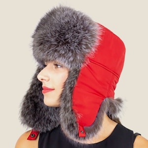 Raccoon hat .Red Satin fur hat , trapper hat for women , fashionable winter fur hat with earflaps , fancy hat , unique design