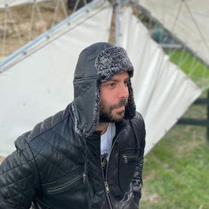Black Sheepskin Aviator Hat, Leather Trapper Hat with Earflaps