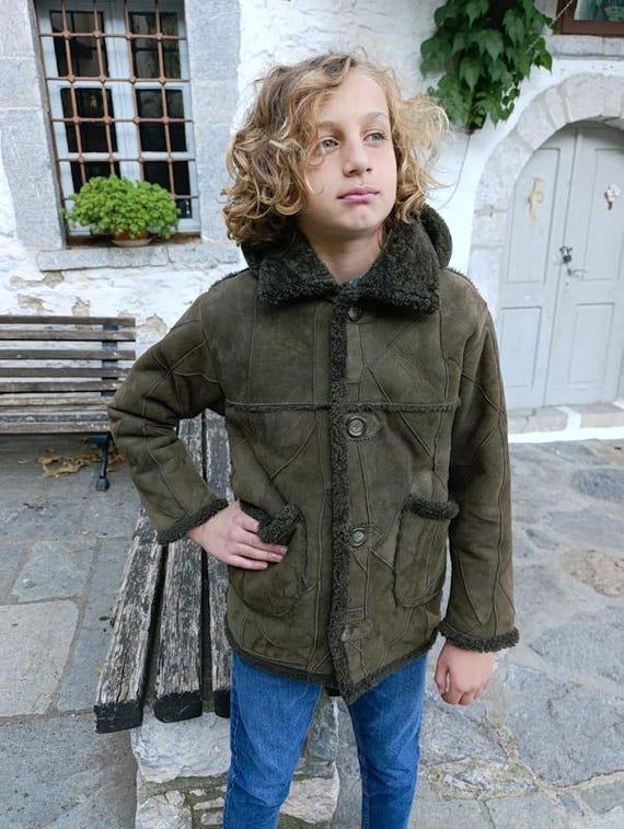 Handmade Unisex Green-Khaki Sheepskin Jacket, Removable Hood, gift for kids