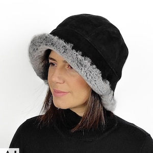 Black sheepskin & rex orylag cloche hat for women . Unique in style , superb sense , great fit. Great gift idea for her