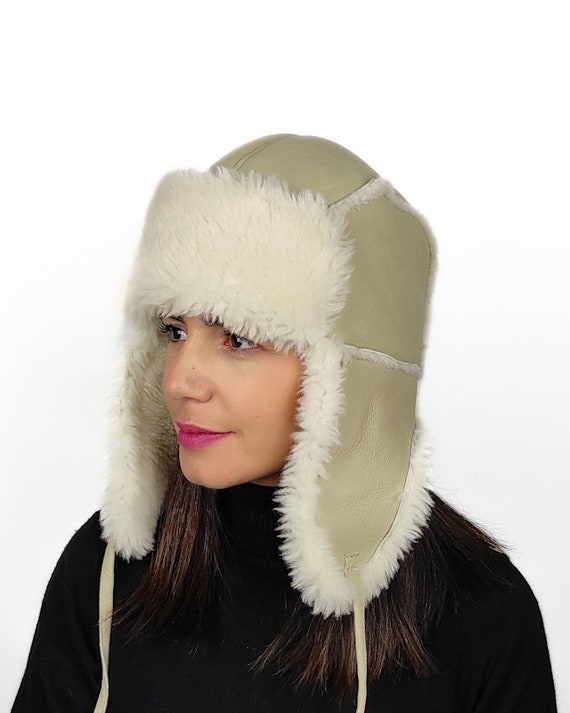 Fur faux Hat Trapper Aviator Bomber Beige winter hat small medium Trapper Hats Winter Pilot Hats Warm Usheranka... From Pong03  main image 2