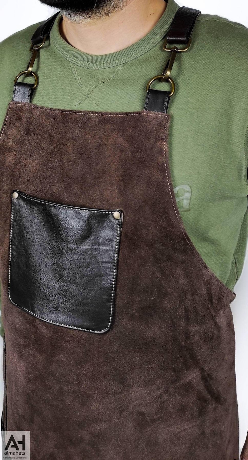 Suede Cowhide Leather Apron With Leather Pockets & Crossed Etsy