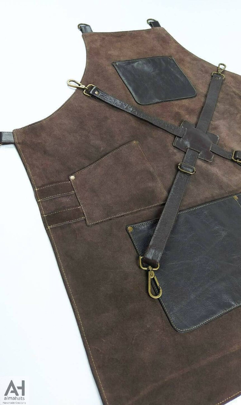 Suede Cowhide Leather Apron With Leather Pockets & Crossed Etsy