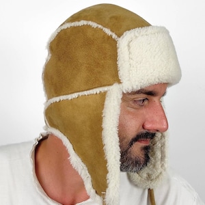 Camel Sheepskin aviator hat, trapper hat, unisex hat. Hat with earflaps & leather strings. Ideal fit, easy to wear. Great gift idea