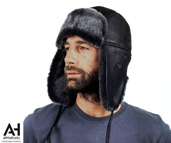 Black Sheepskin Aviator Hat Trapper Hat 