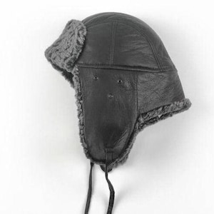 Black curly Sheepskin aviator hat, trapper hat, unisex hat. Hat with earflaps & leather strings. Ideal fit, easy to wear. Great gift idea