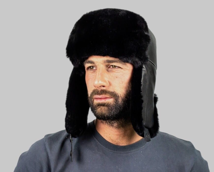 Black Rex Trapper Hat Mens Fur Hat . A 