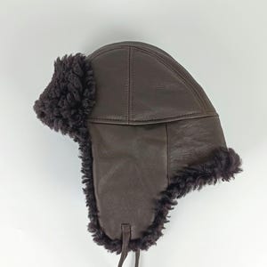 Dark brown napa Sheepskin aviator hat , trapper hat , lambskin unisex hat . Hat with earflaps & soft curly sheepskin hair. Great gift idea