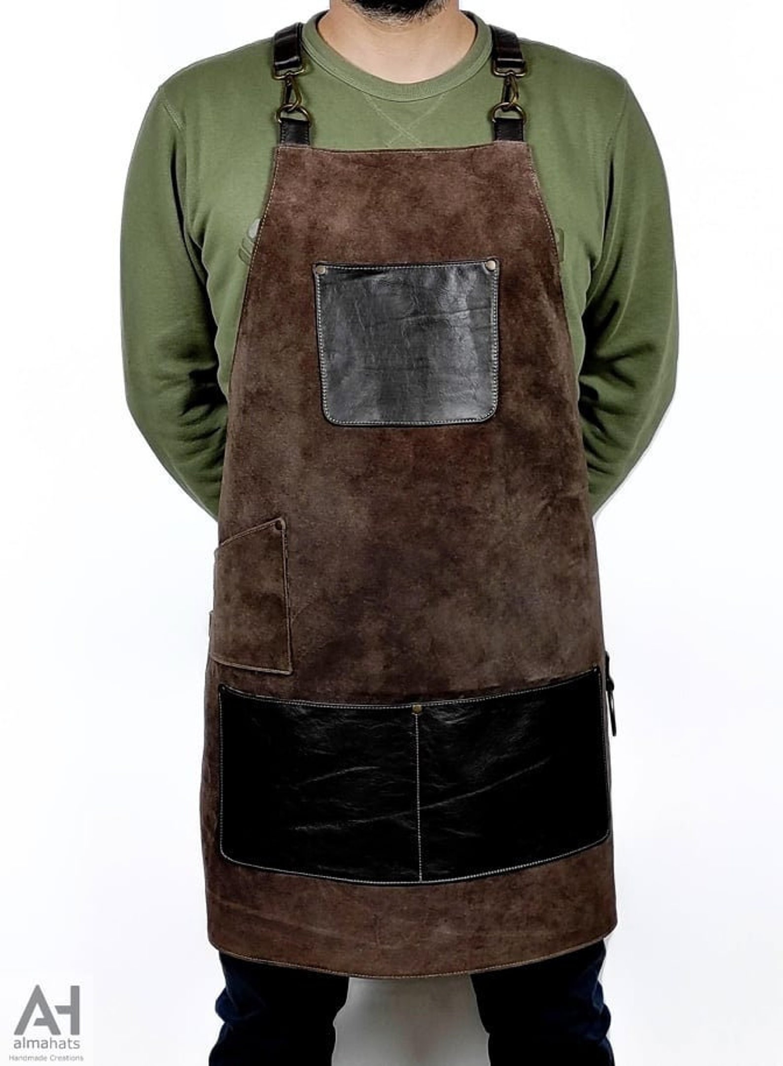 Suede Cowhide Leather Apron With Leather Pockets & Crossed Etsy