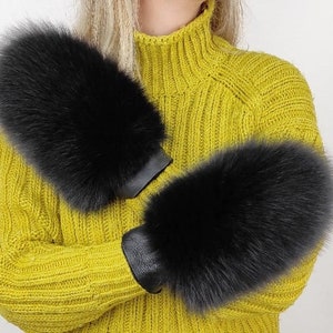 Black Merino Sheepskin & Black Fox Fur Mittens , classy fur mittens for women , natural fur , unique fur gloves mittens