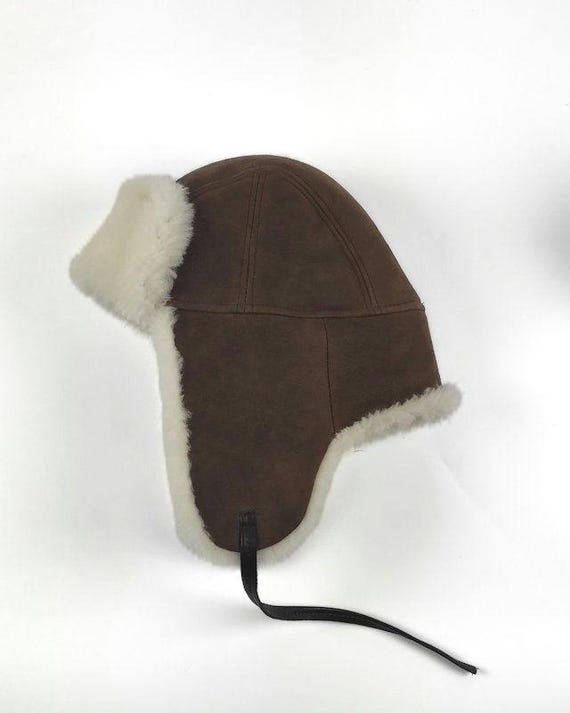 Brown Suede Sheepskin Aviator Hat, Trapper Hat With Earflaps  display picture 3