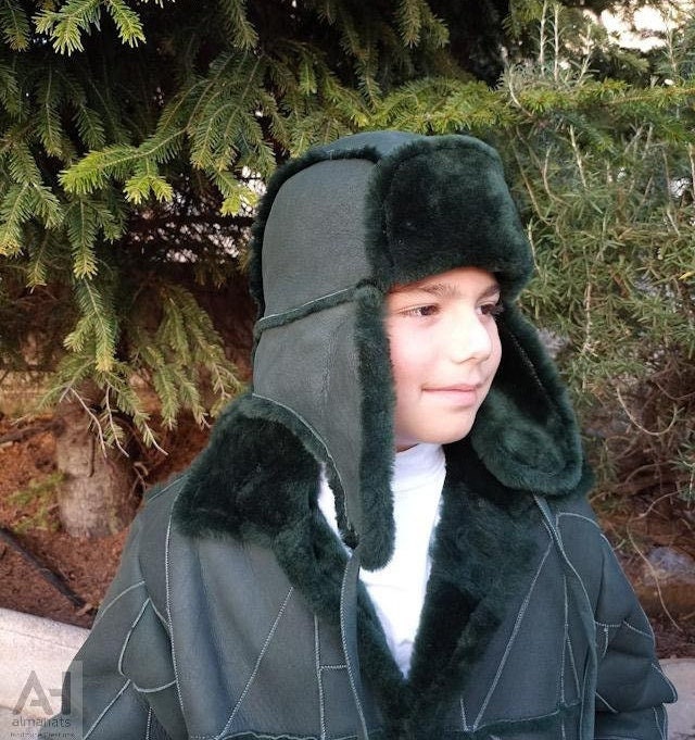 Handmade Dark Green Sheepskin Trapper Hat, Lambskin Earflap Aviator Hat