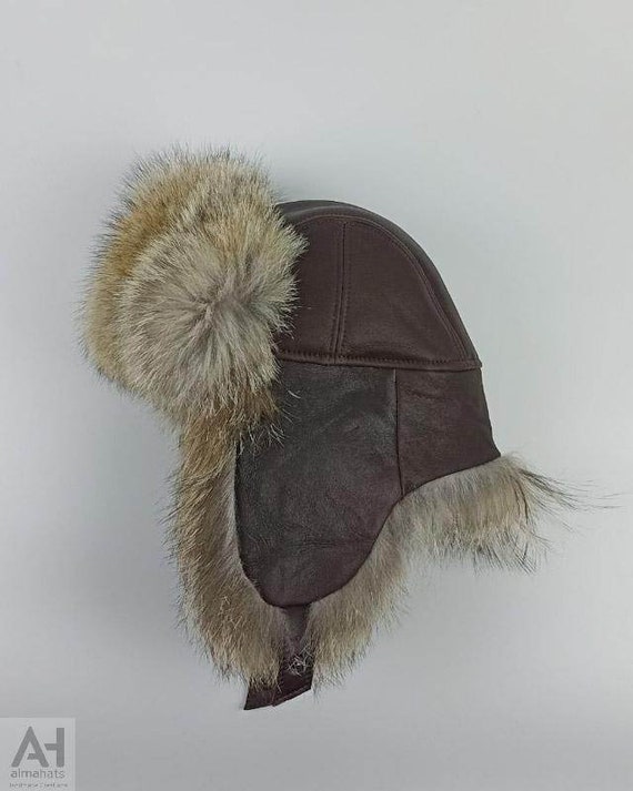 Handmade Coyote Fur Trapper Hat, Sheepskin Ushanka, Winter  display picture 1