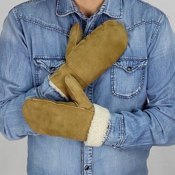 Camel Suede Sheepskin Mittens .A great pair of lambskin mittens every man or woman should have during winter , unisex mittens
