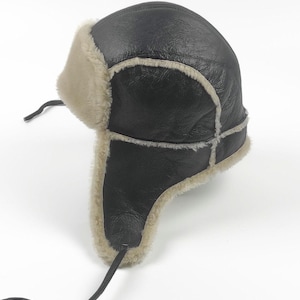 Black Sheepskin aviator hat, trapper hat, unisex hat. Hat with earflaps & leather strings. Ideal fit, easy to wear. Great gift idea
