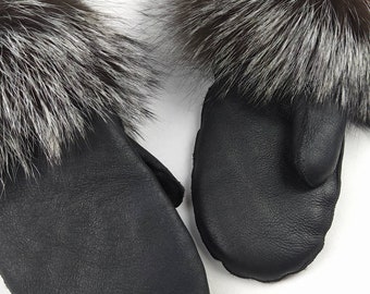 Black Napa Sheepskin & Silver Fox Mittens , fur mittens , winter gloves for women , winter gloves , mittens