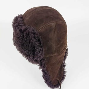 Dark brown suede Sheepskin aviator hat , trapper hat , lambskin unisex hat . Hat with earflaps & soft curly sheepskin hair. Great gift idea