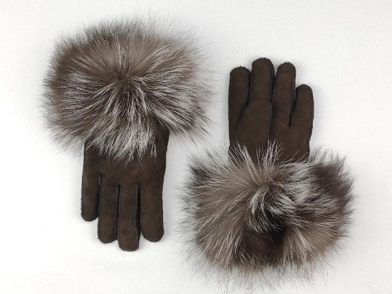 Brown Suede Sheepskin Gloves with Silver Fox Fur. Fantastic & Elegant Winter Gloves . Stylish , Unique Handmade Creation. Winter Gloves