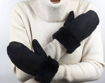 Handmade Suede Sheepskin Mittens, Unisex Winter Gloves