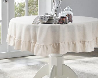 Natural Ruffle Round Tablecloth with Ruffle Detail, Boho Table Decor, Eco-Friendly Table Setting, Vintage Vibe Tablecloth, Farmhouse Gift