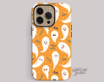 Pumpkin Orange Cute Ghost Tough Protective Phone Case For iPhone 17 16 15 14 13, Samsung Galaxy S25,  gift for teen, for witch friend